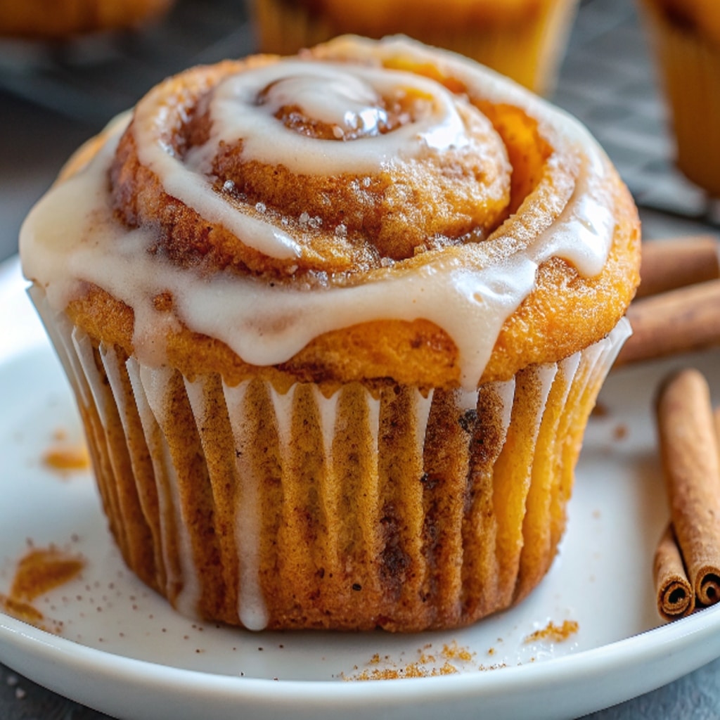 Pumpkin Cinnamon Roll Muffins: The Best Pumpkin Muffins Ever 6 Pumpkin Cinnamon Roll Muffins with glaze cooling