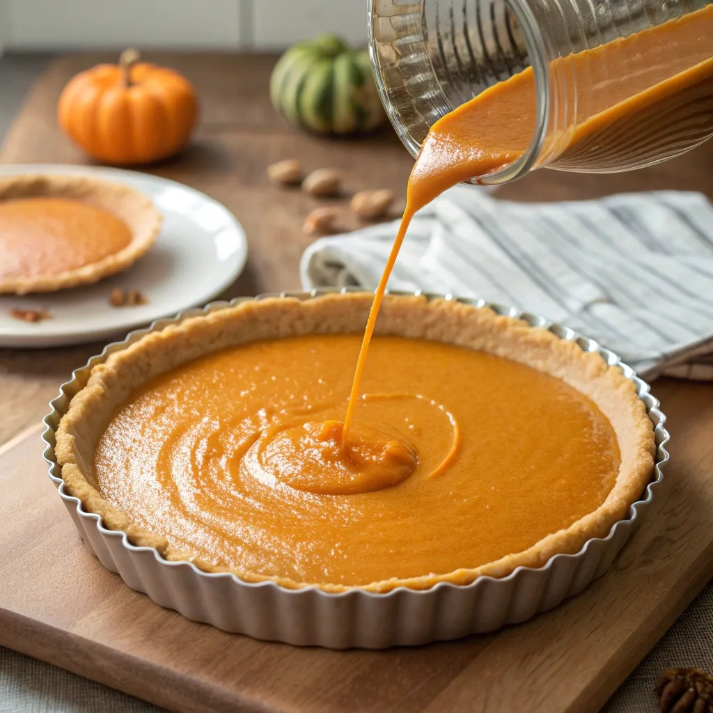 Gluten Free Pumpkin Pie – Creamy, Spiced & Holiday-Perfect Gluten Free Pumpkin Pie pouring pumpkin filling into gluten free crust