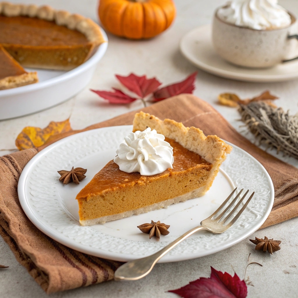 Gluten Free Pumpkin Pie – Creamy, Spiced & Holiday-Perfect 8 slice of gluten free pumpkin pie with whipped cream