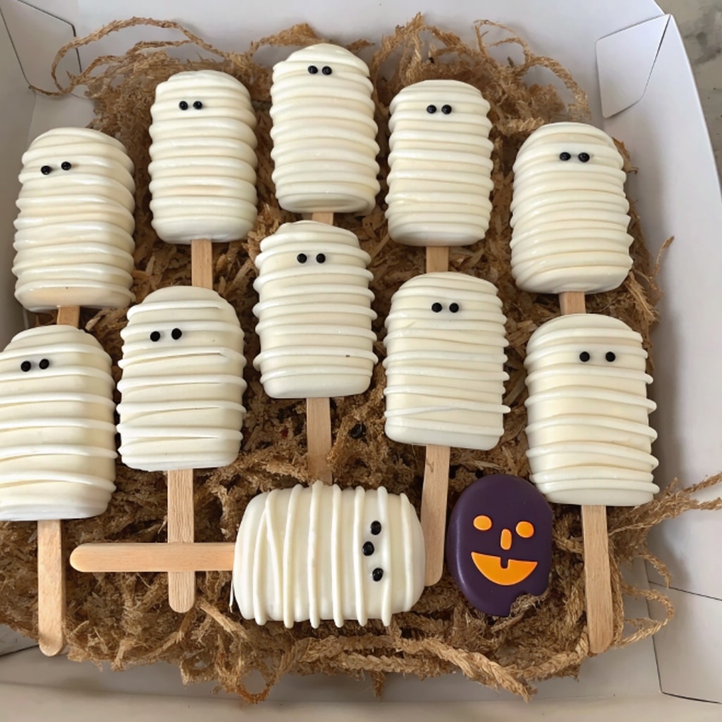 Halloween Cakesicles – Fun & Spooky Chocolate Covered Treats 7 halloween cakesicles decorated as mummies,