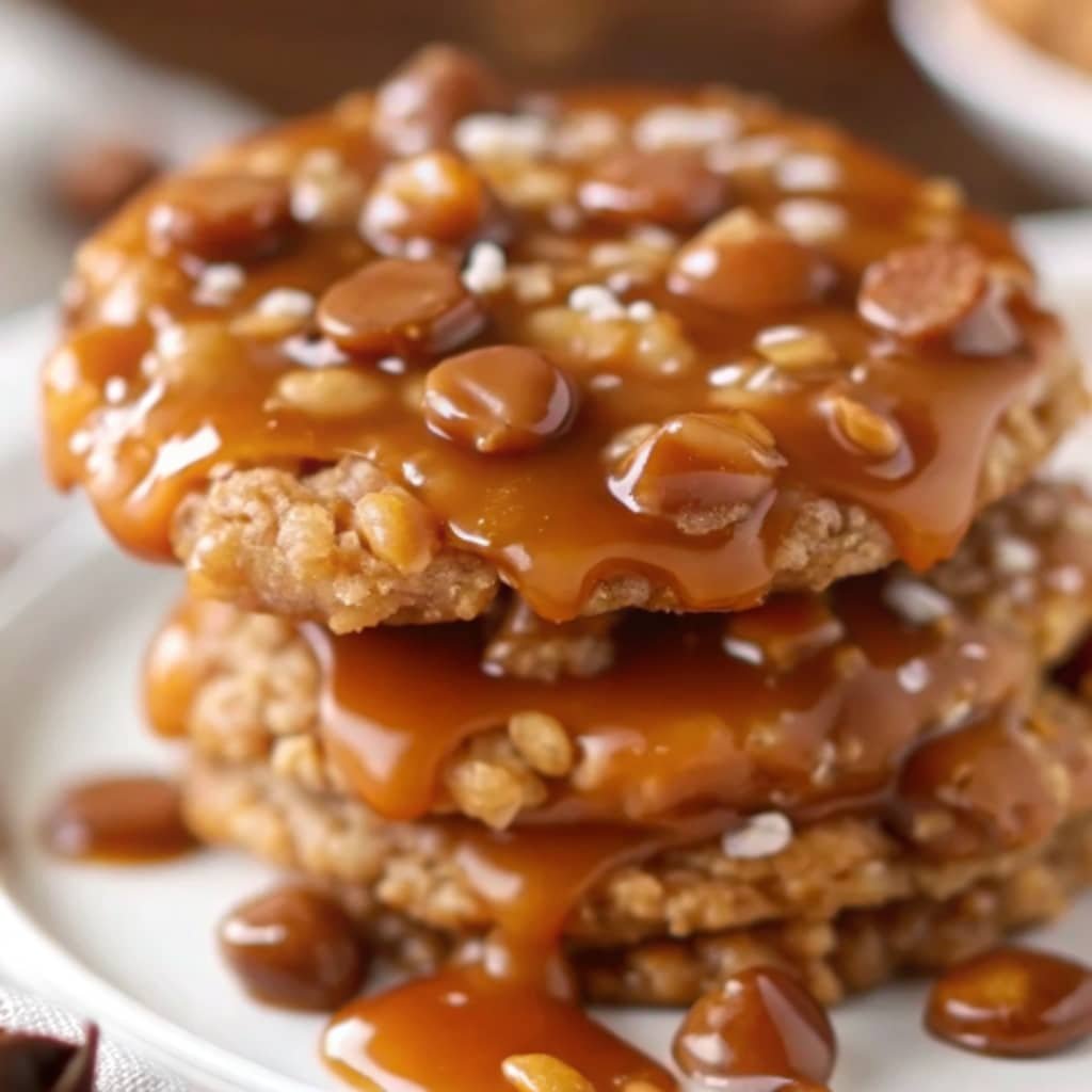 no-bake salted caramel cookies stacked on plate