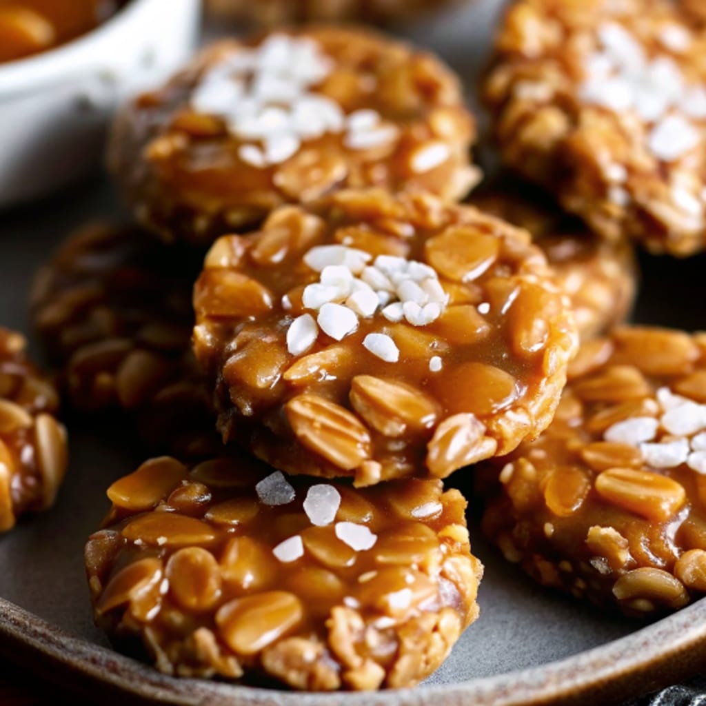 No-Bake Salted Caramel Cookies – Quick & Chewy Sweet Treat 6 no-bake salted caramel cookies served on a rustic plate