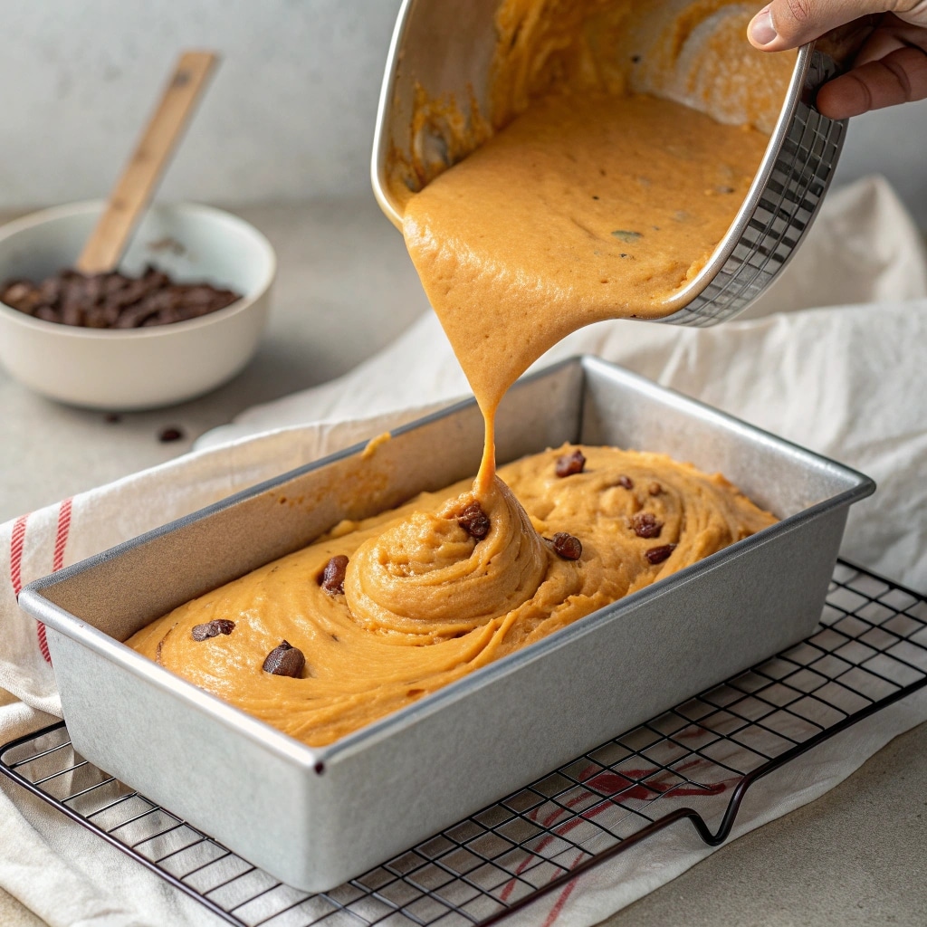 Chocolate Chip Pumpkin Bread: Cozy Fall Baking You’ll Love 9 pouring pumpkin bread batter into loaf pan step by step