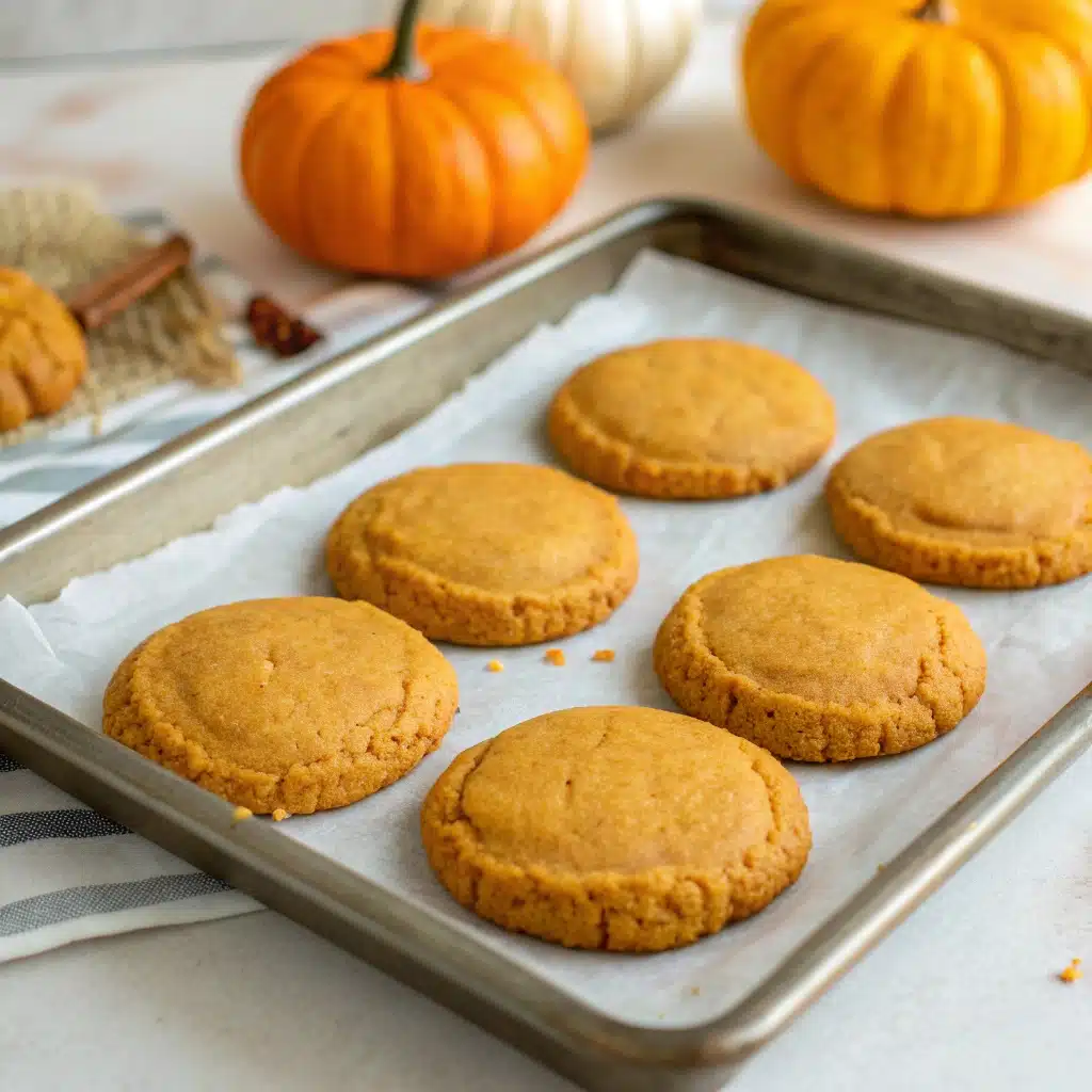 Pumpkin Cookies with Cream Cheese Icing – Soft, Spiced & Frosted Perfection 9 Freshly baked pumpkin cookies on tray