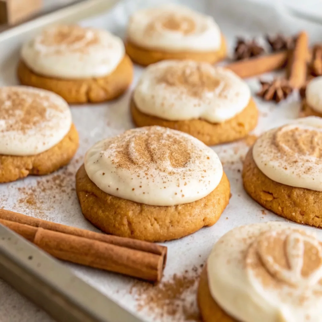Pumpkin Cookies with Cream Cheese Icing – Soft, Spiced & Frosted Perfection 8 Frosted pumpkin cookies ready to serve