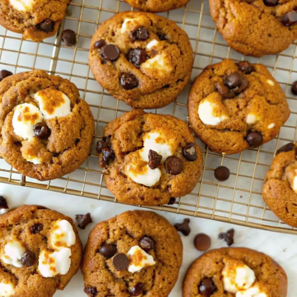 pumpkin s’mores cookies stacked with gooey marshmallows