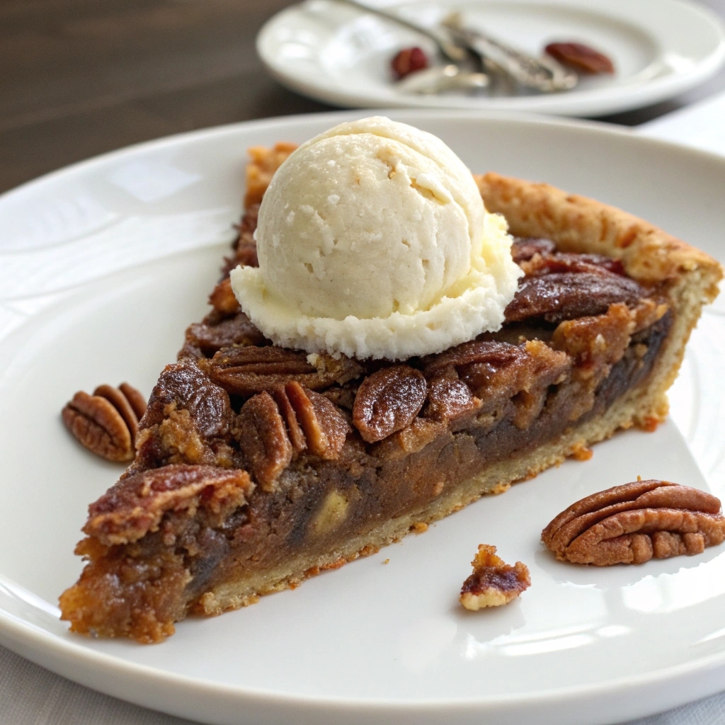 Traditional Pecan Pie Recipe (The Best Homemade Pie You’ll Ever Bake) 7 Slice of traditional pecan pie with ice cream