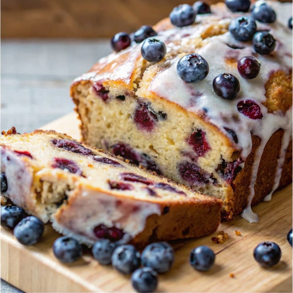 vanilla blueberry bread sliced on cutting board