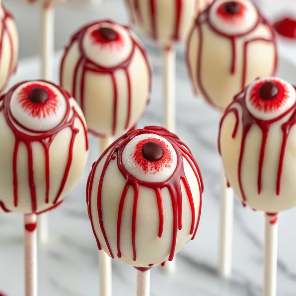 Bloody Red Velvet Cake Pops – Spooky Halloween Party Treats 7 variations of Halloween cake pops including bloody red velvet