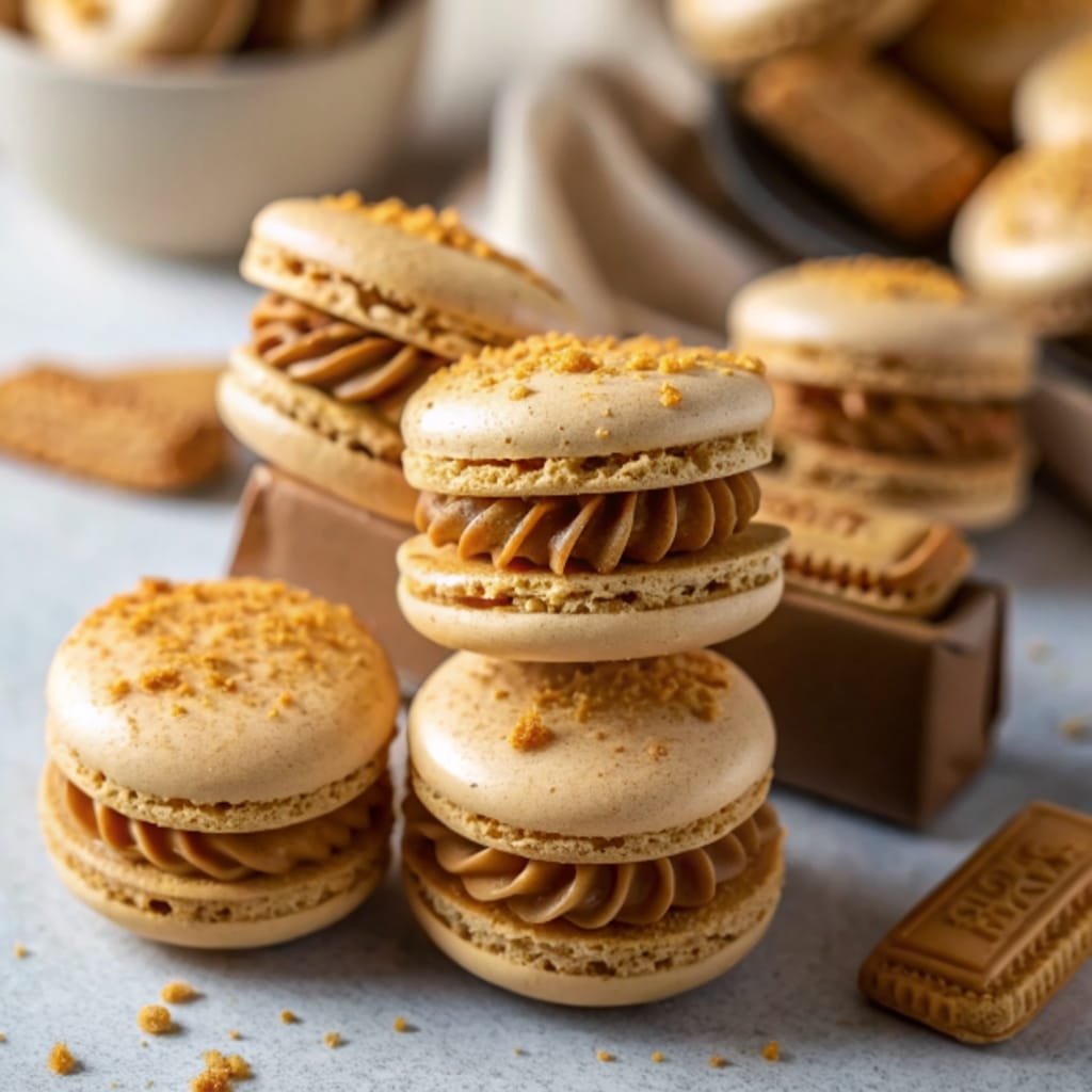 Biscoff macarons arranged on a marble tray with cookie crumbs