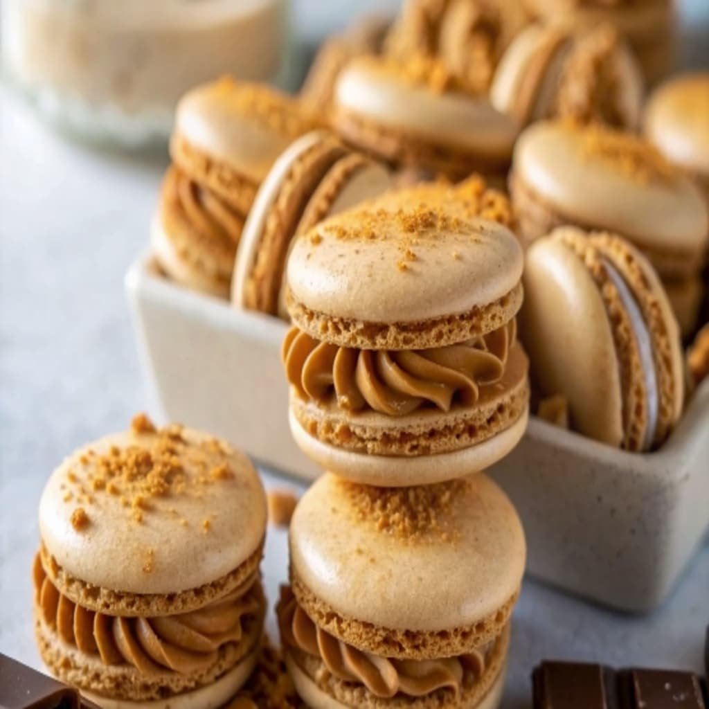 Biscoff Cookie Butter Macarons – Cozy, Spiced, Bakery-Perfect 4 Neutral-toned stack of Biscoff macarons on a marble tray with light cookie crumb dusting.