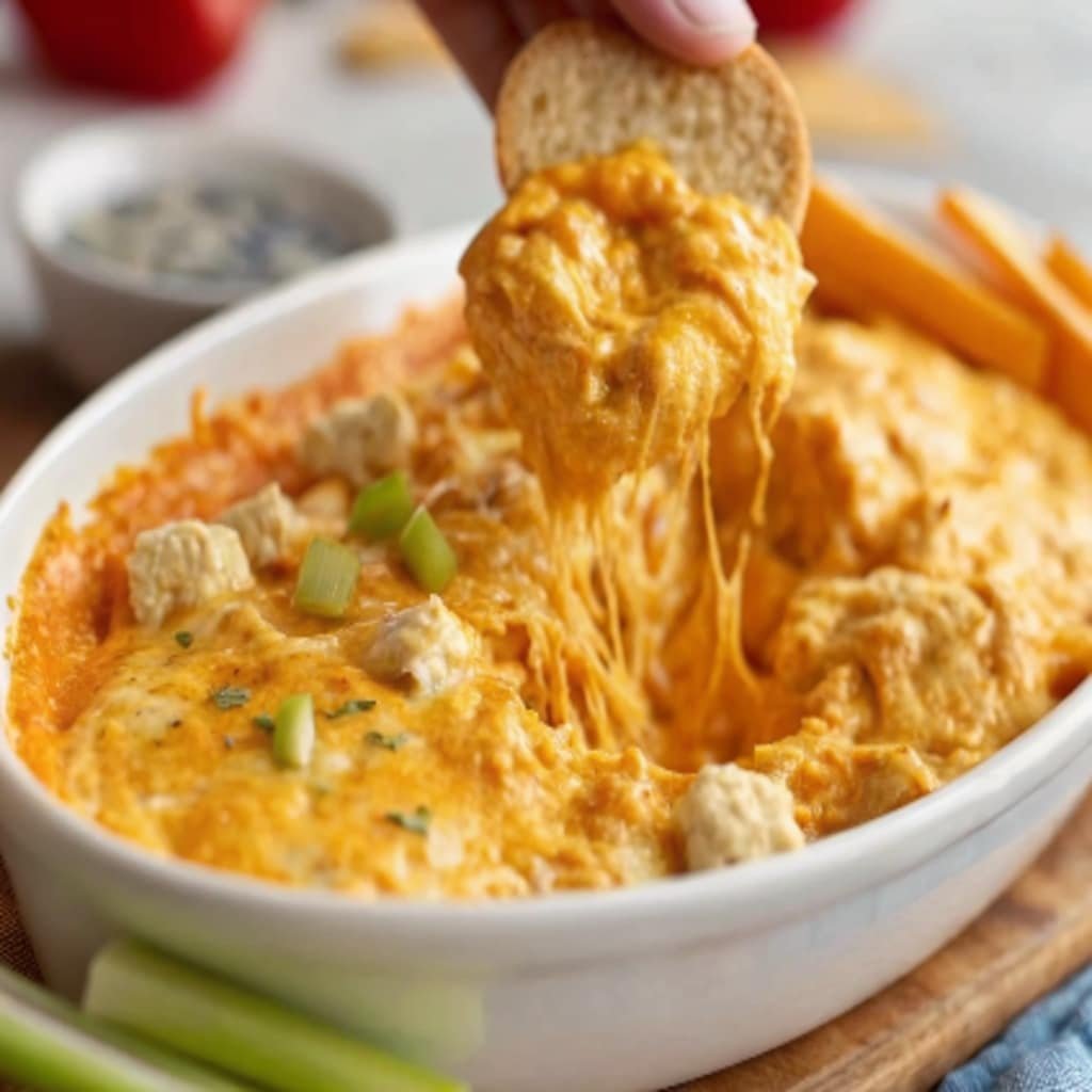 Buffalo Chicken Dip hot and bubbly in a white baking dish
