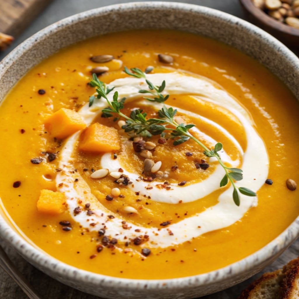 Butternut Squash Soup 4 Serving creamy Butternut Squash Soup with cream swirl
