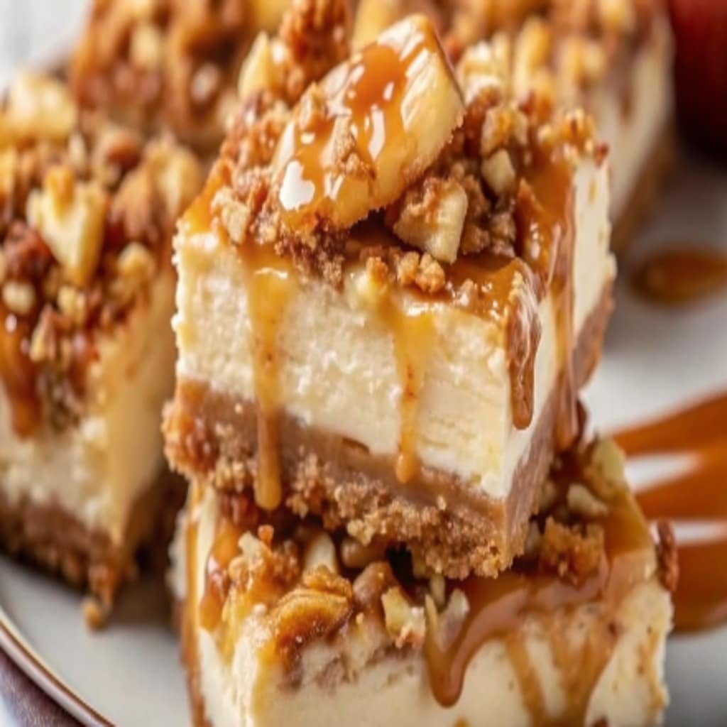 Caramel Apple Cheesecake Bars with caramel drizzle