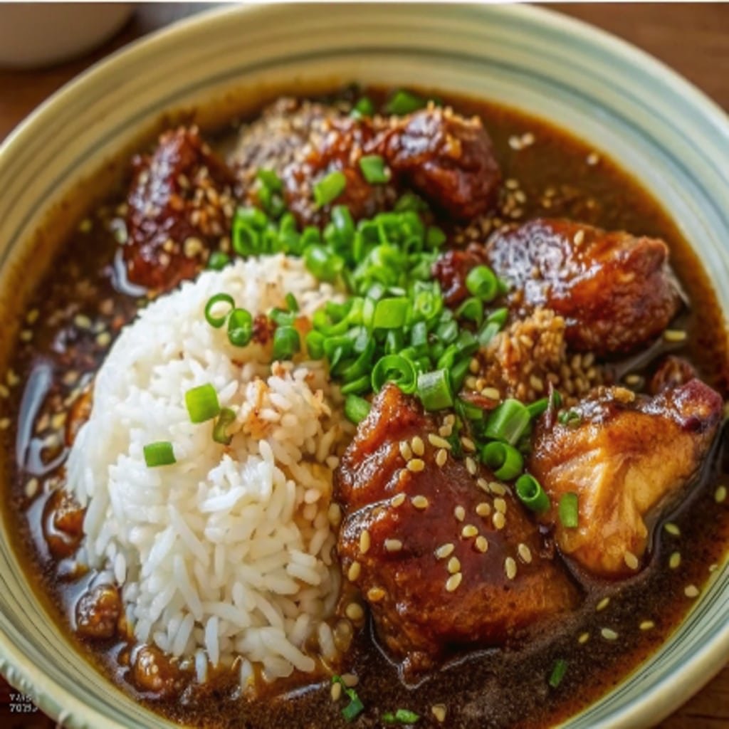Caramelised Soy Chicken in Garlic Ginger Broth with Rice 4 Bowl of rice topped with soy chicken, chili flakes, and sliced green onion.