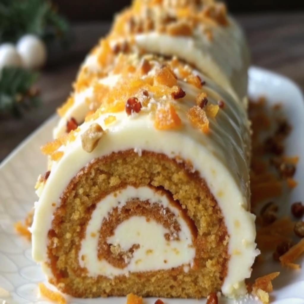 Carrot Cake Roll with Cream Cheese Frosting Filling sliced with walnuts on top