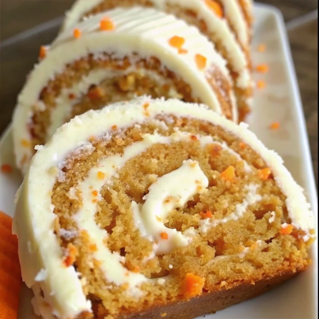 Carrot Cake Roll with Cream Cheese Frosting Filling 6 Slice of carrot cake roll served on plate
