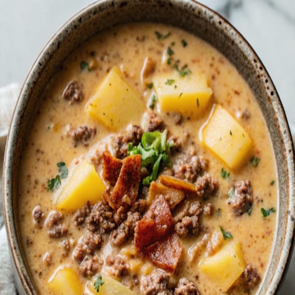 Cheeseburger Soup with cheddar and bacon