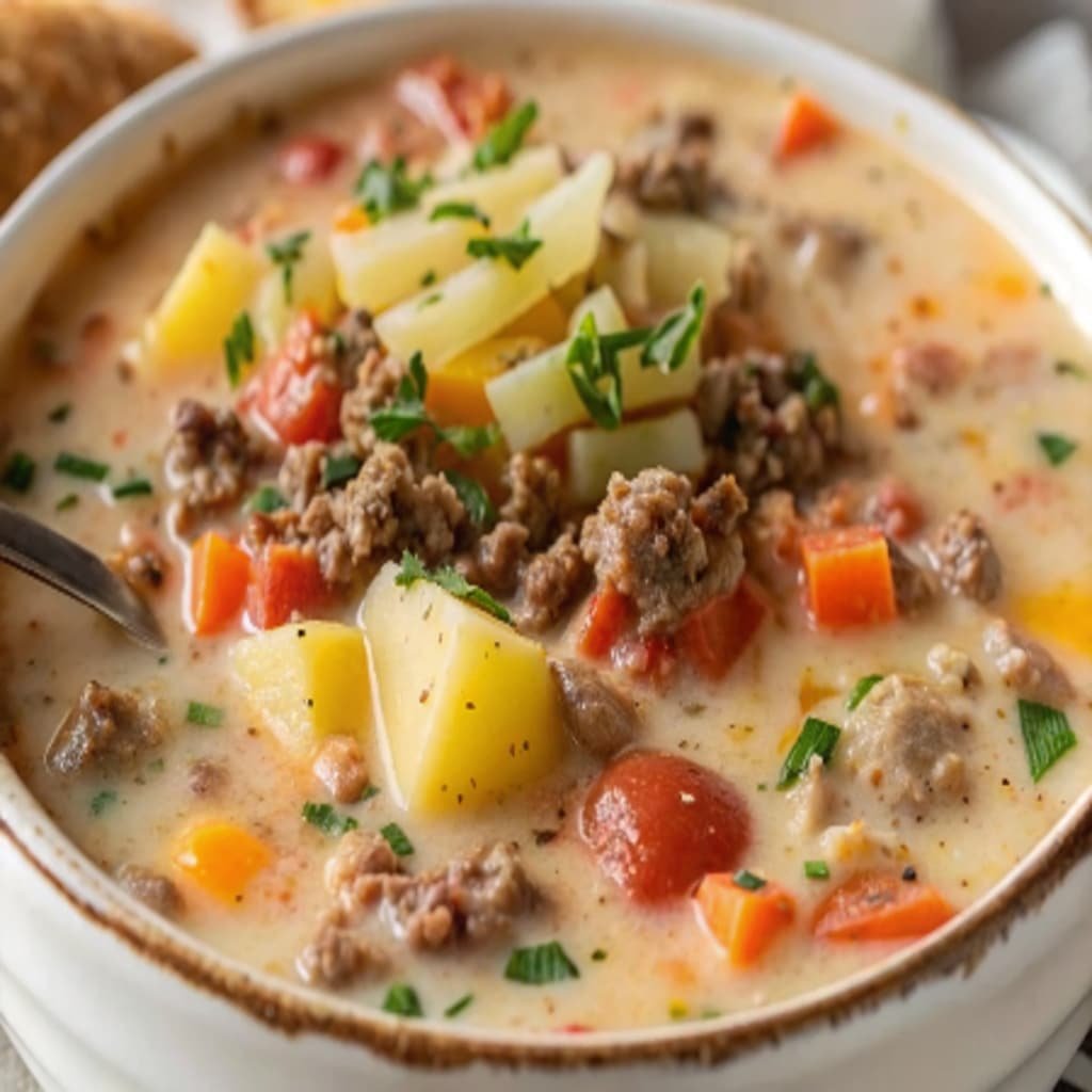 Cheeseburger Soup: Creamy, Cozy, and Big on Flavor 4 Creamy Cheeseburger Soup topped with cheddar