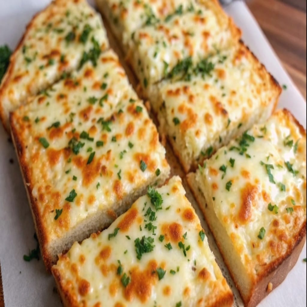 Cheesy Garlic Bread – Gooey, Golden & Easy to Make 6 Crispy slices of cheesy garlic bread on a plate