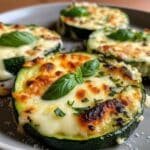 Cheesy Garlic Zucchini Steaks with golden bubbly cheese