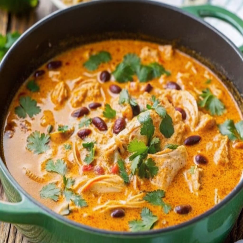 Chicken Enchilada Soup with tortilla strips, cheese, and cilantro
