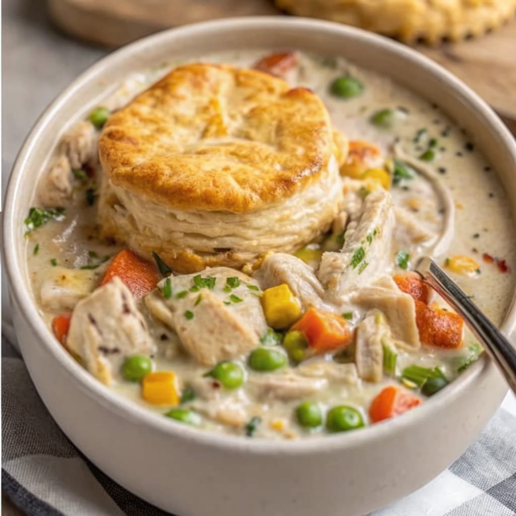 Chicken Pot Pie Soup Recipe: Cozy, Creamy, and Homemade Comfort 4 Bowl of Chicken Pot Pie Soup topped with biscuit
