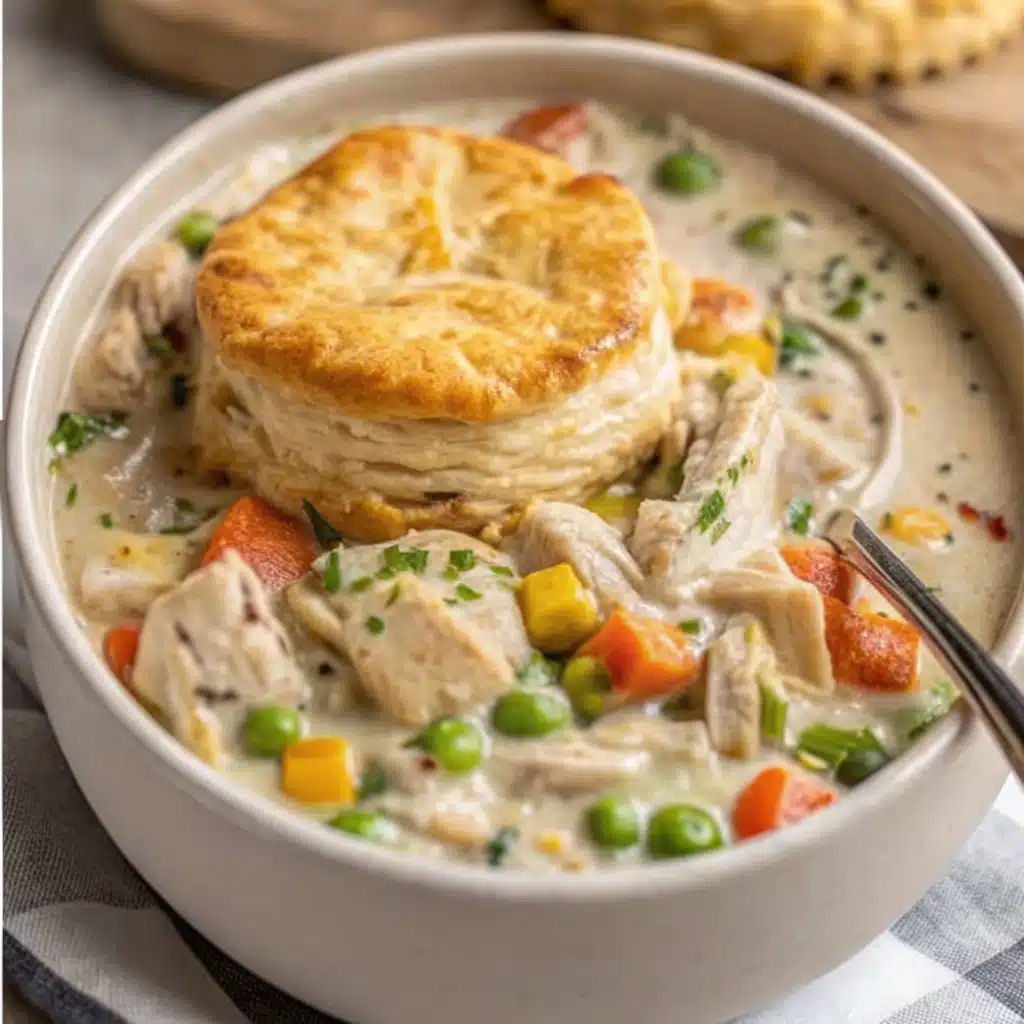 Chicken Pot Pie Soup Recipe: Cozy, Creamy, and Homemade Comfort Chicken Pot Pie Soup Bowl of Chicken Pot Pie Soup topped with biscuit