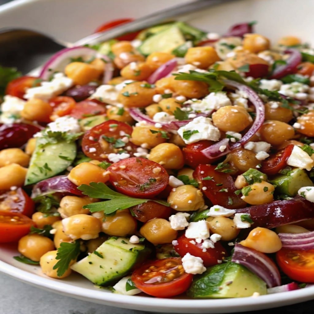 Chickpea Feta Avocado Salad with lemon and herbs