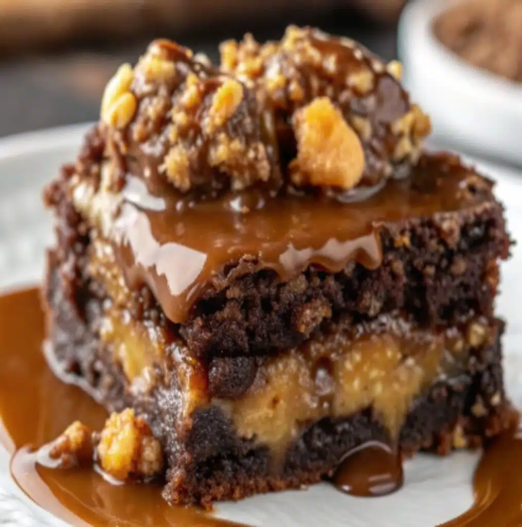 serving chocolate caramel dump cake