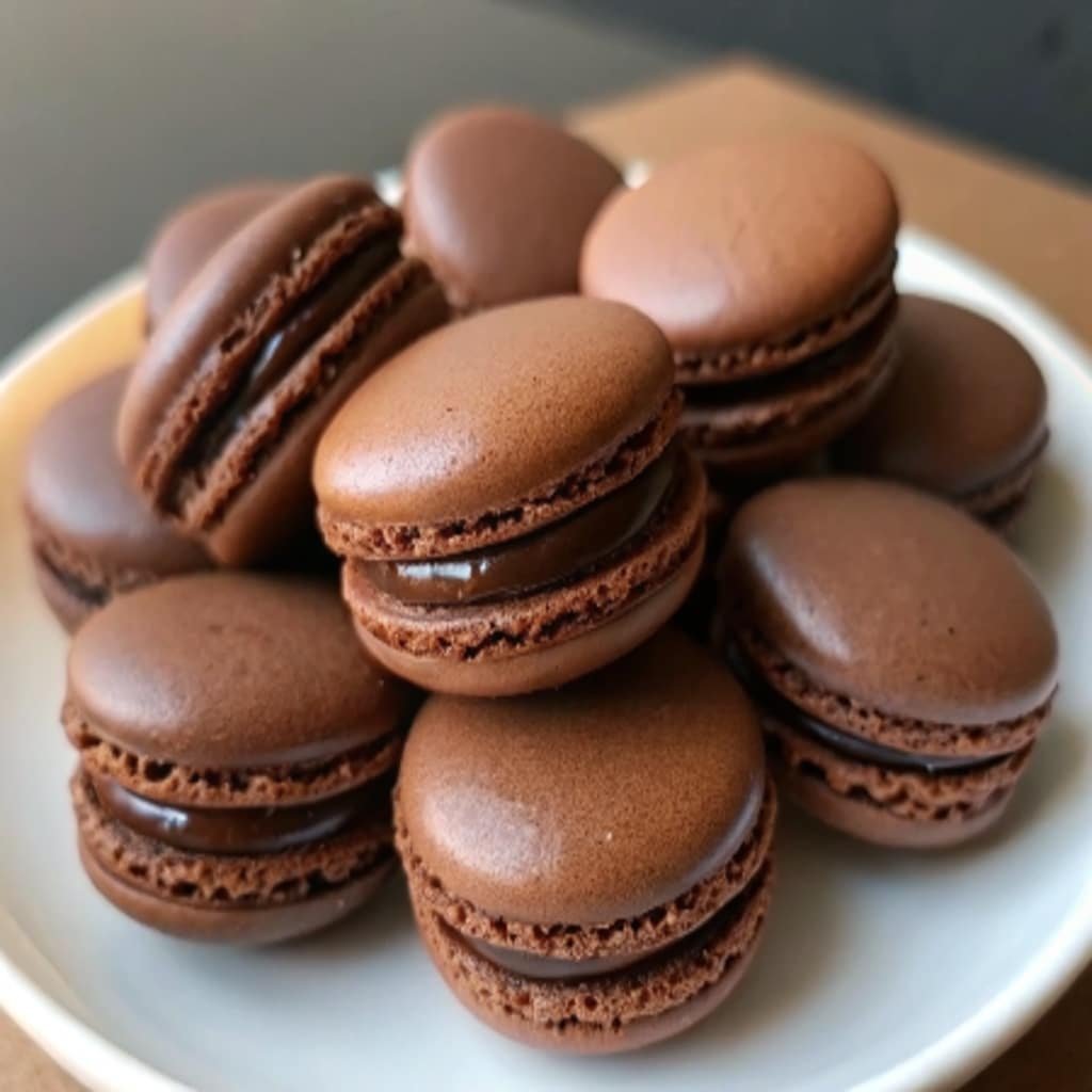 Chocolate Macaron Recipe – Perfect Chewy Shells Every Time 4 stacked chocolate macarons on white plate