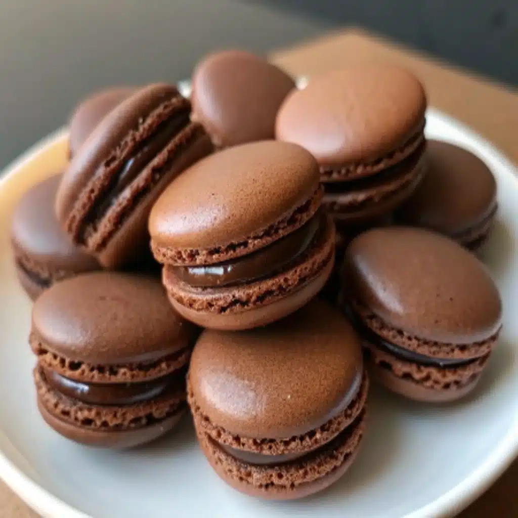 Chocolate Macaron Recipe – Perfect Chewy Shells Every Time Chocolate Macaron Recipe stacked chocolate macarons on white plate