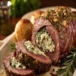 Christmas Stuffed Beef Tenderloin sliced on board