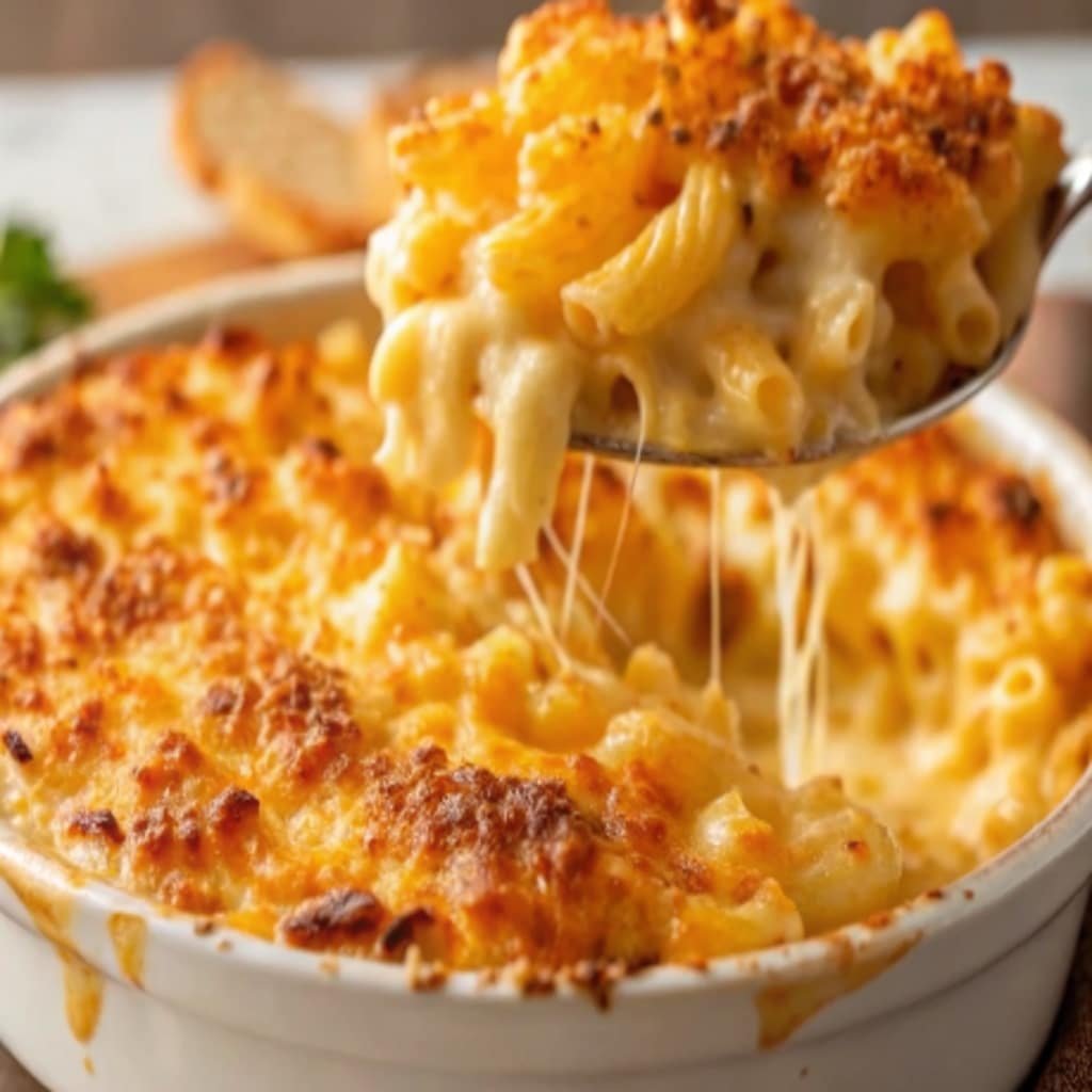 Creamy baked mac and cheese recipe in white casserole dish