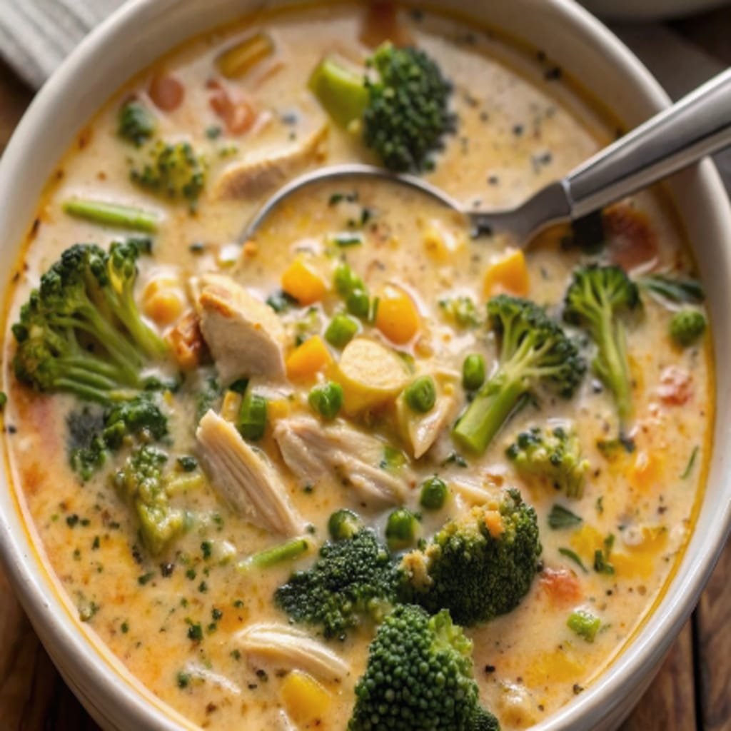 Creamy Chicken Broccoli Soup with chicken and broccoli in bowl