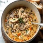 : Creamy Mushroom Chicken and Wild Rice Soup in bowl with parsley garnish