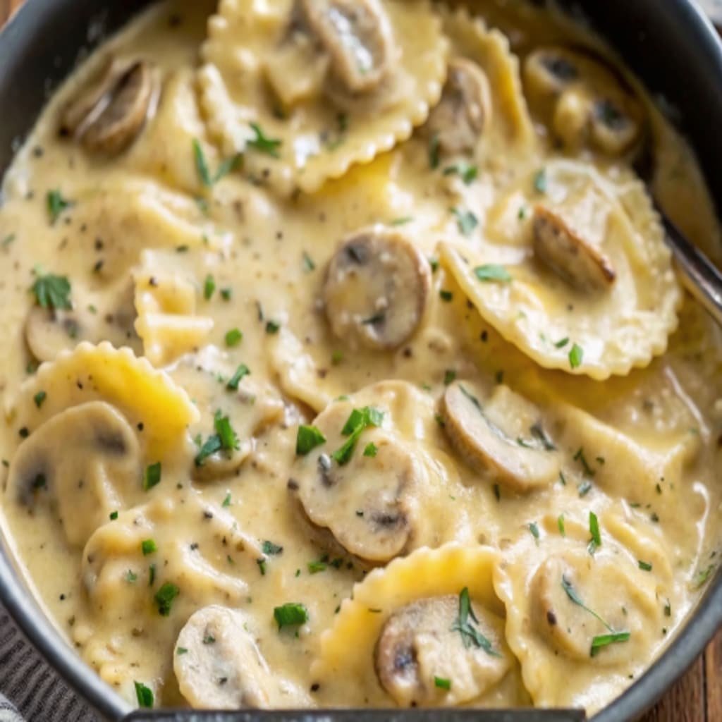 Creamy Mushroom Sauce for Ravioli served in rustic bowl