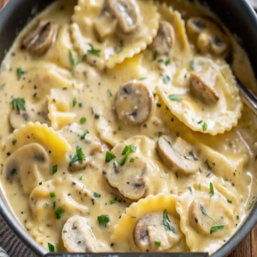 Creamy Mushroom Sauce for Ravioli Creamy Mushroom Sauce for Ravioli Creamy Mushroom Sauce for Ravioli served in rustic bowl