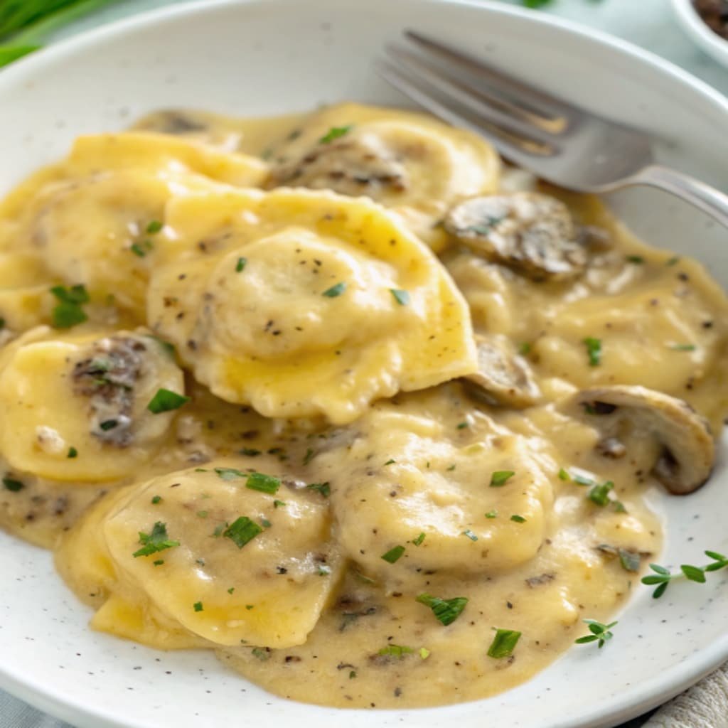 Creamy Mushroom Sauce for Ravioli 4 Ravioli served with creamy mushroom sauce and Parmesan