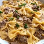 creamy parmesan garlic beef bowtie pasta with ground beef