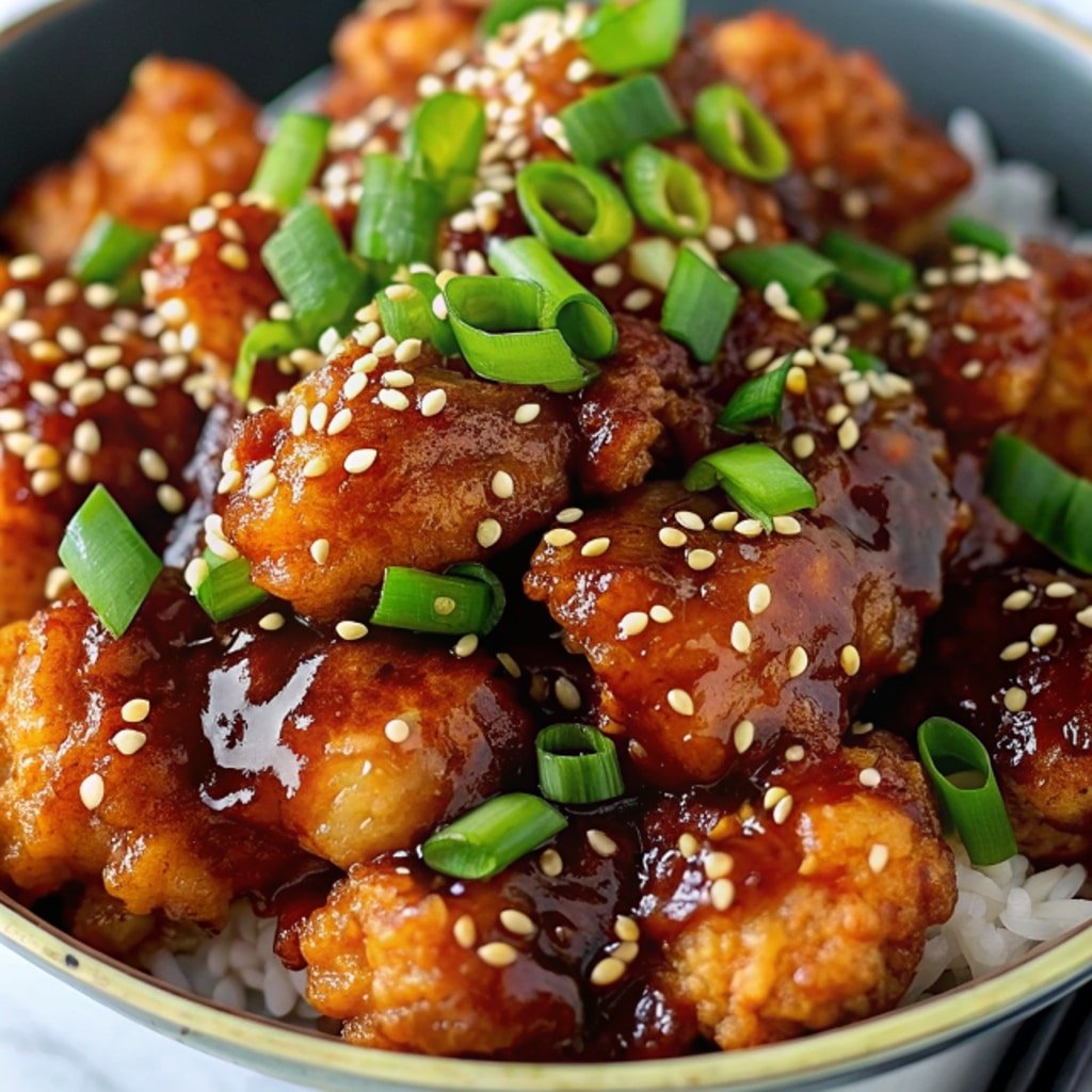 Crispy Sesame Chicken with Sweet & Sticky Sauce 4 Crispy Sesame Chicken with Sweet & Sticky Sauce served over rice
