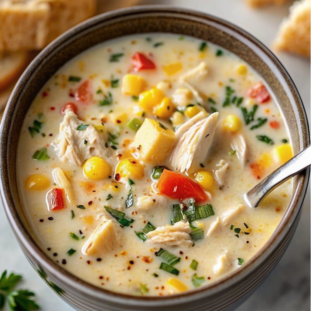 Crockpot Chicken Corn Chowder with chicken, corn, and potatoes