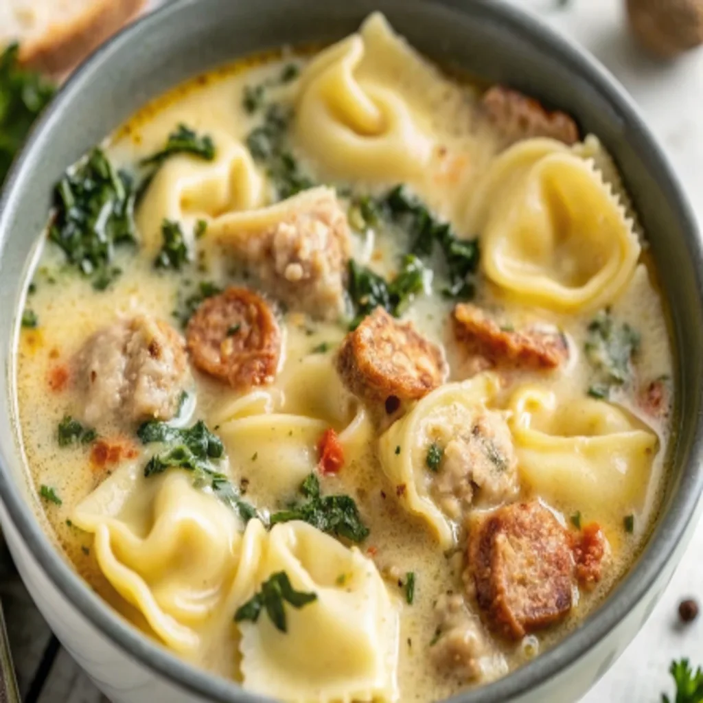 Served bowl  of Crockpot Cheese Tortellini and Sausage 