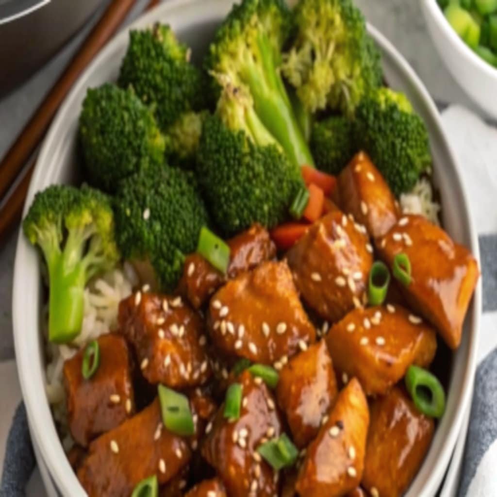 Dump and Go Crockpot Teriyaki Chicken served over brocoli and rice