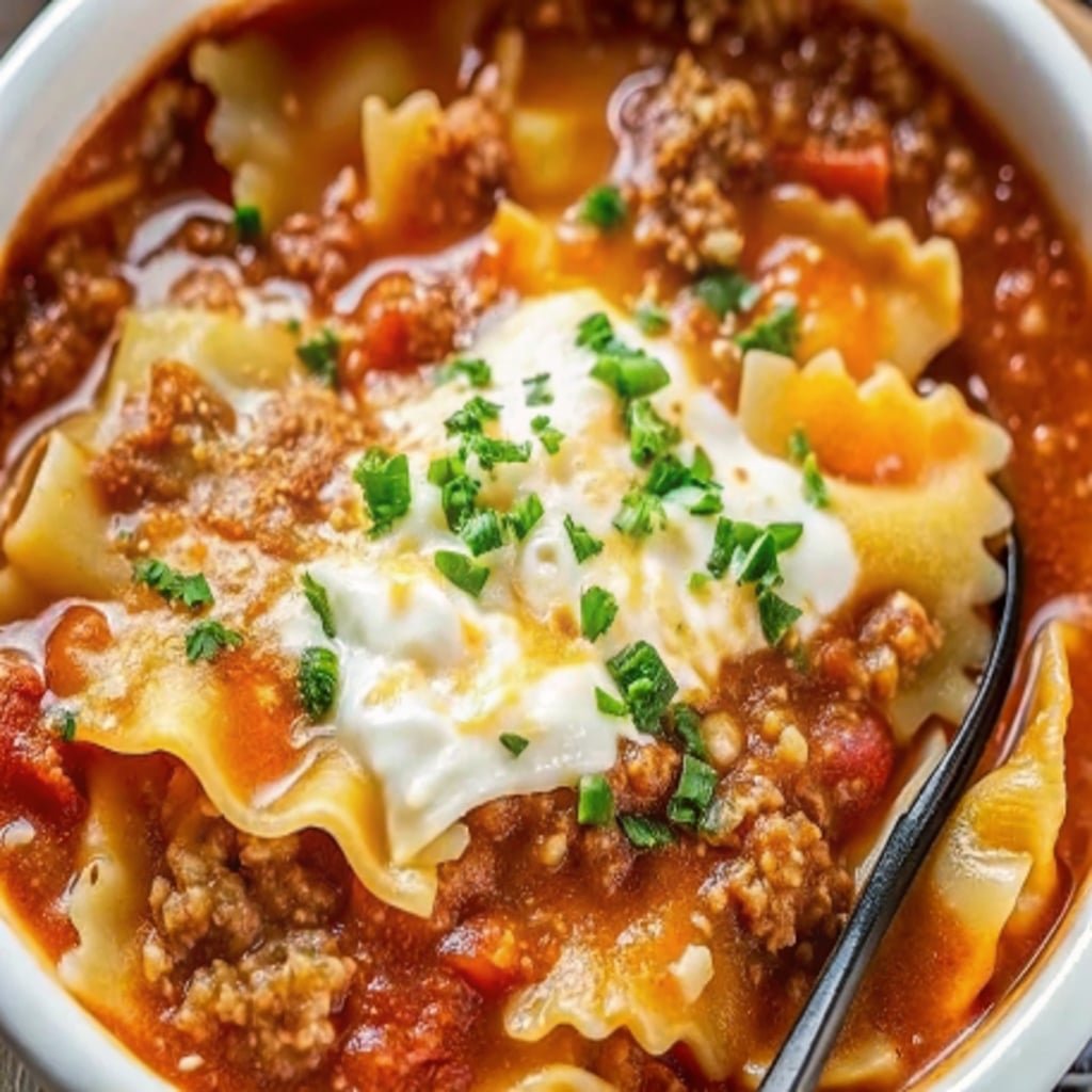 Easy Lasagna Soup with melted cheese and basil in a rustic bowl