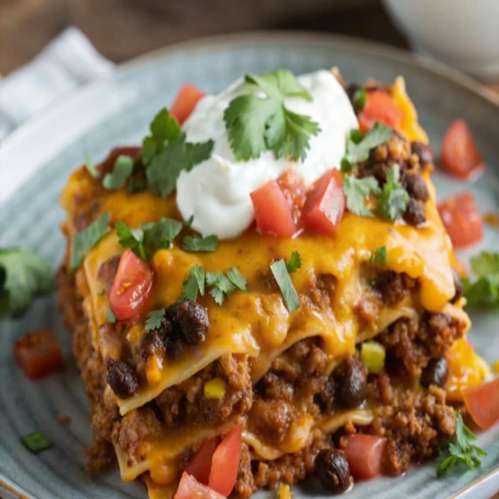 Serving of Easy Mexican Lasagna with fresh toppings