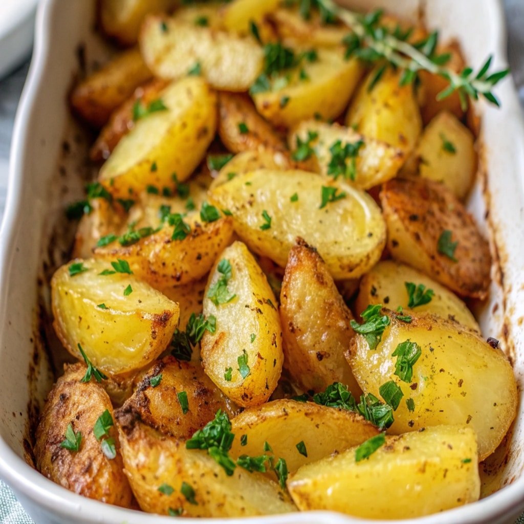 Greek Lemon Potatoes – Crispy, Tangy, and Irresistible 4 Greek Lemon Potatoes garnished with parsley and lemon zest