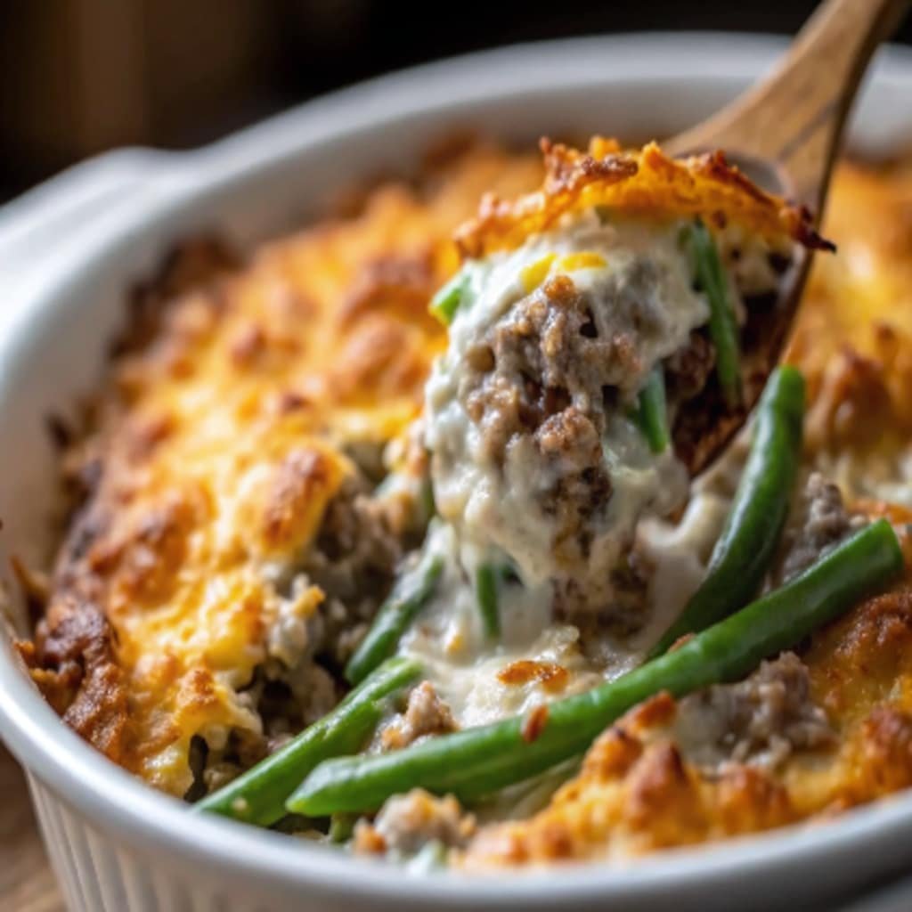 Quick Ground Beef Casserole with Green Beans baked with melted cheese