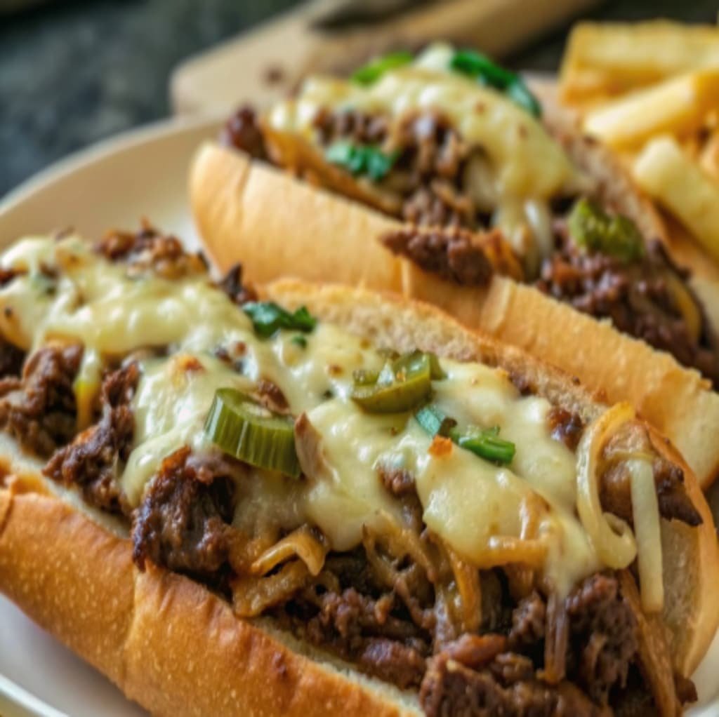 Ground Beef Philly Cheesesteak sandwich served