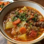 Hearty Cabbage Soup with Ground Beef in a steaming bowl
